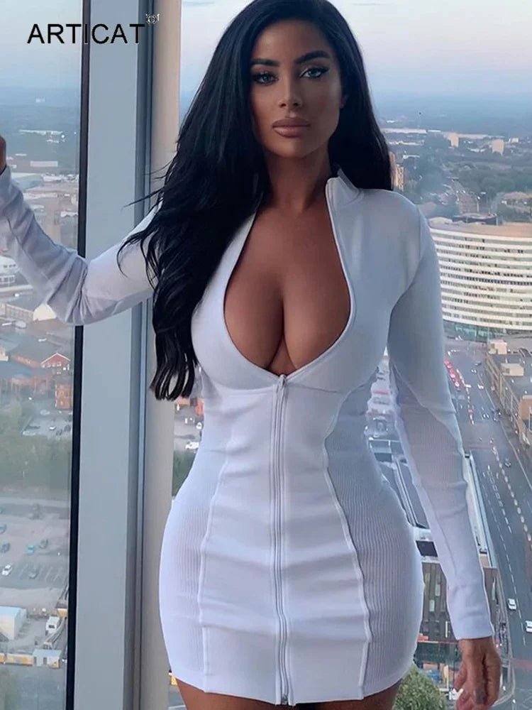 Articat Platz Kragen Kleid Sexy Langarm Weiß Elegante Kleidung Dünne Hohe Taille Einzigen Reißverschluss Mini Kleid | tif-shop24.de