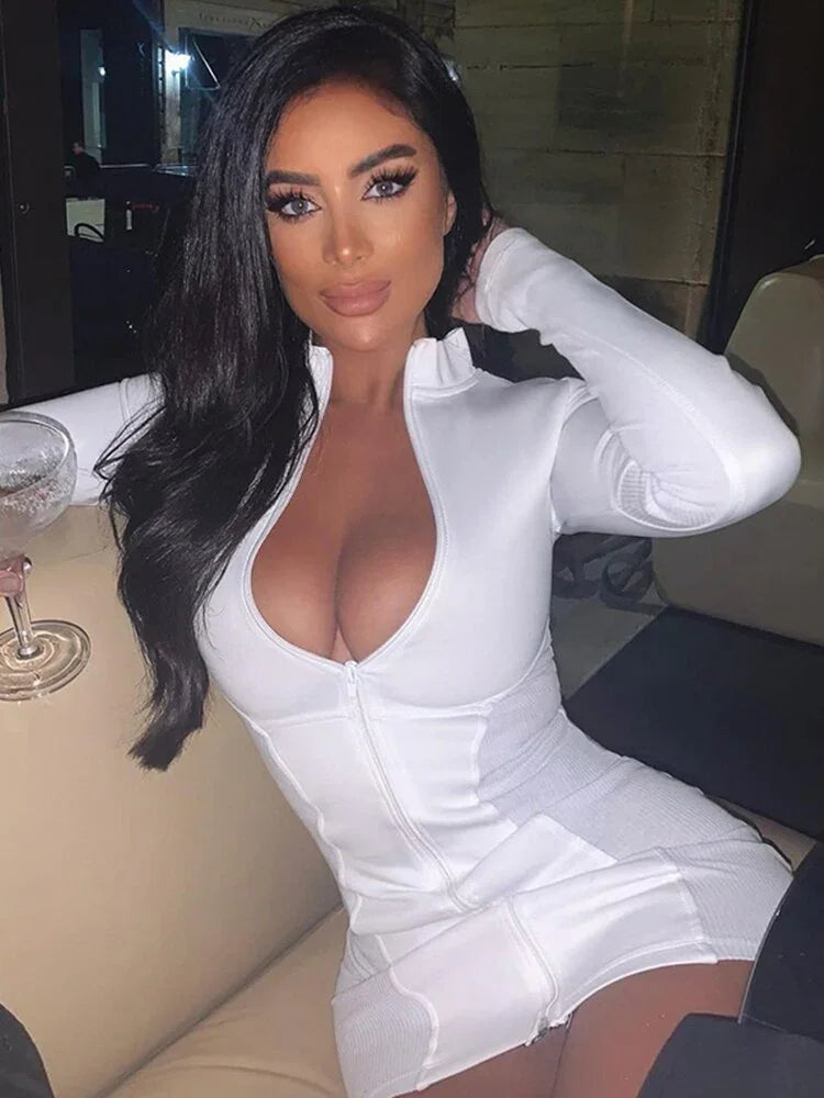 Articat Platz Kragen Kleid Sexy Langarm Weiß Elegante Kleidung Dünne Hohe Taille Einzigen Reißverschluss Mini Kleid - tif-shop24.de