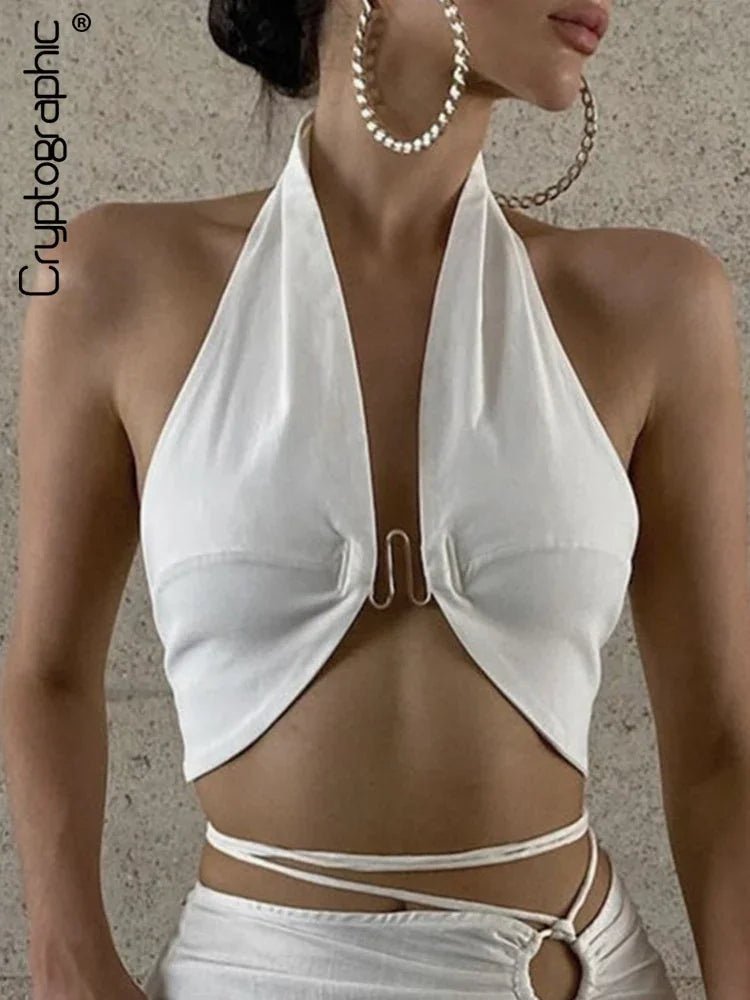 Kryptographische Halter Sexy Backless Wrap Crop Top Frauen Sommer Ärmellose Elegante Dünne Tops Gestellte Nacht Club Party Kleidung | tif-shop24.de