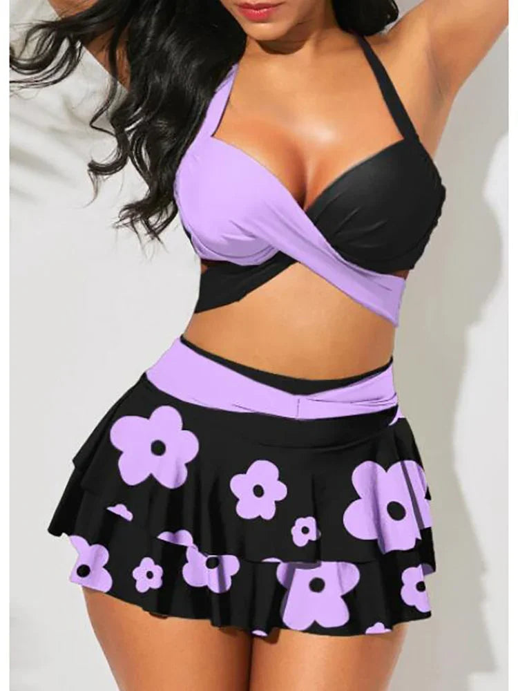 Push-Up 2-Piece High-Waist Bikini Set with Cover-Up Skirt — Sports Swimwear | tif-shop24.de