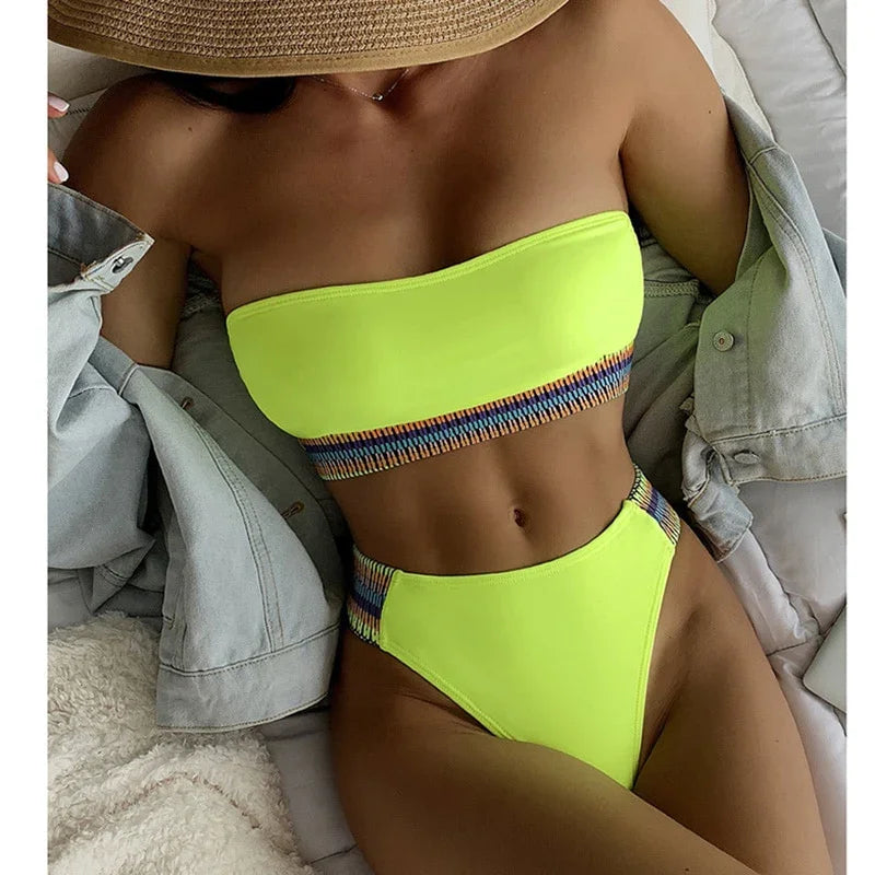 Sexy High Waist Bikini Strapless Solid Thong Bikini Set Brazilian Beachwear Bathing Suit | tif-shop24.de