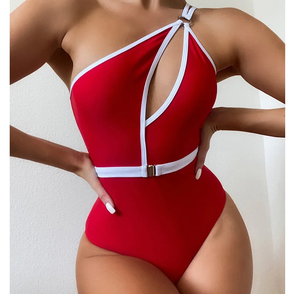 VigoCasey Hollow Out One Shoulder Sexy One Piece High Waist Monokini Solid Belt Bathing Suit | tif-shop24.de