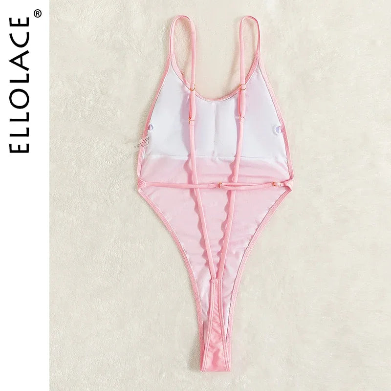 Ellolace Backless Thongs Swimsuit Sexy One Piece Monokini Brazilian Bathing Suit High Leg Bikinis Beachwear Light Pink Body | tif-shop24.de