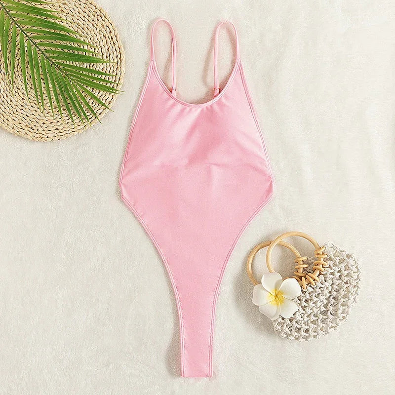 Ellolace Backless Thongs Swimsuit Sexy One Piece Monokini Brazilian Bathing Suit High Leg Bikinis Beachwear Light Pink Body - tif-shop24.de