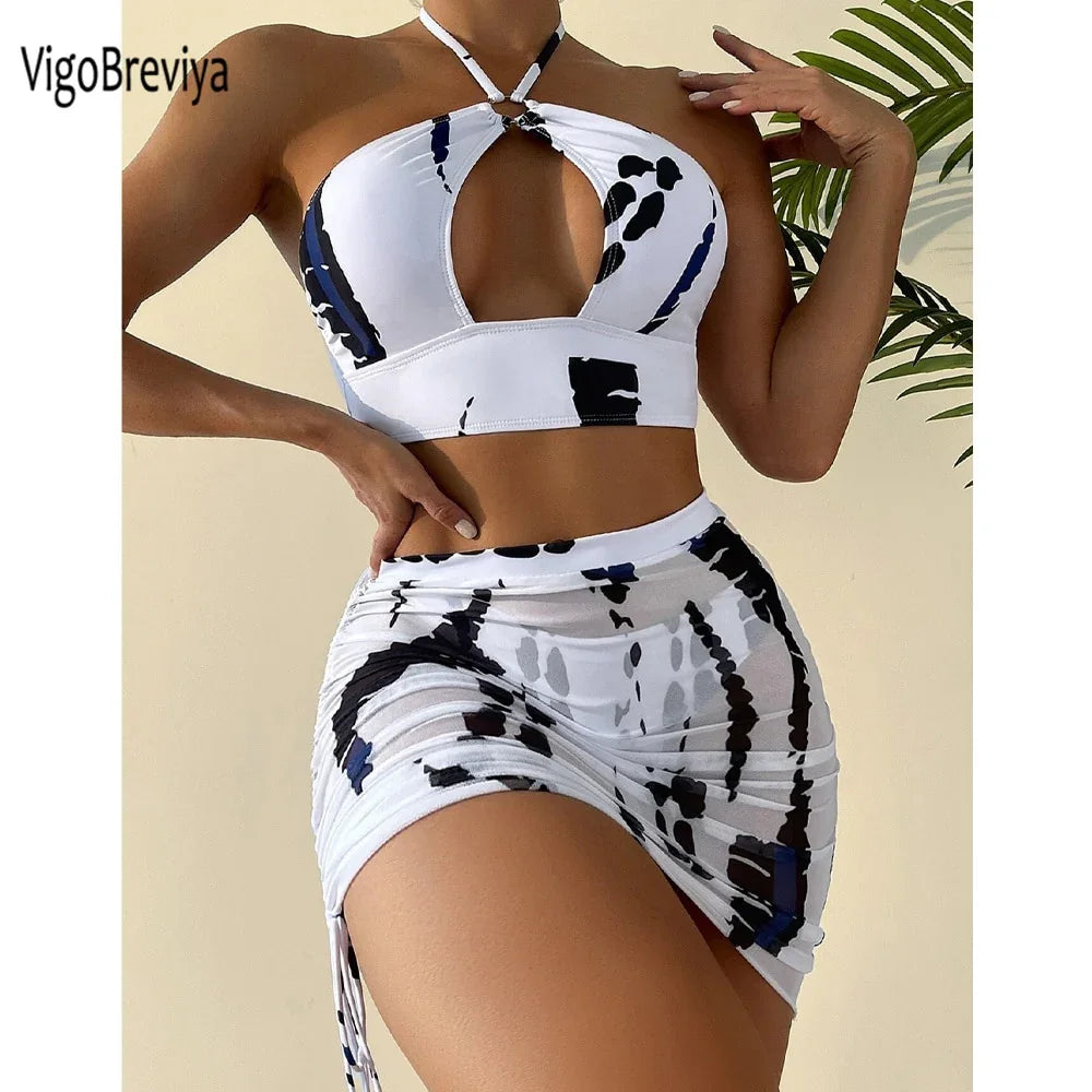 VigoBreviya Sexy Print Hollow Halter 3PCS Mesh Skirt Bikini Set — High-Waist Push-Up Swimwear | tif-shop24.de