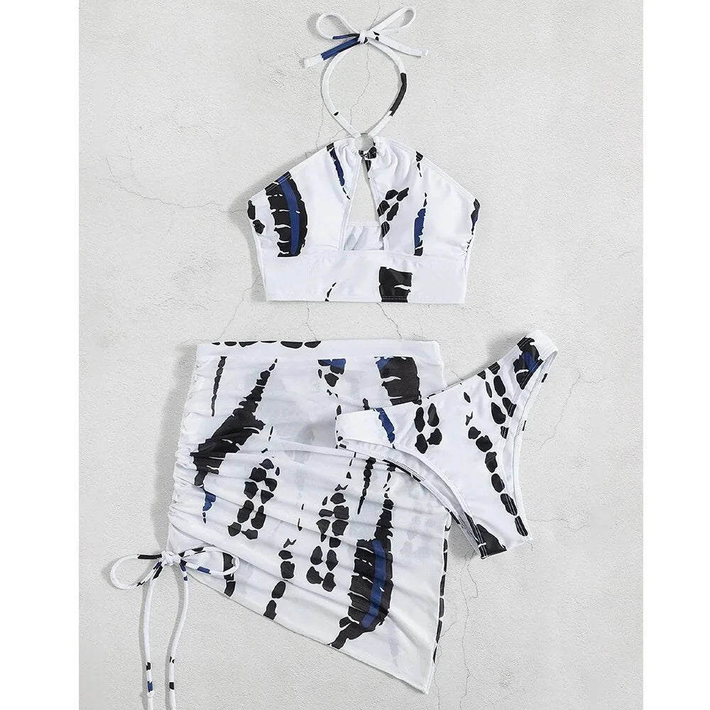 VigoBreviya Sexy Print Hollow Halter 3PCS Mesh Skirt Bikini Set — High-Waist Push-Up Swimwear - tif-shop24.de