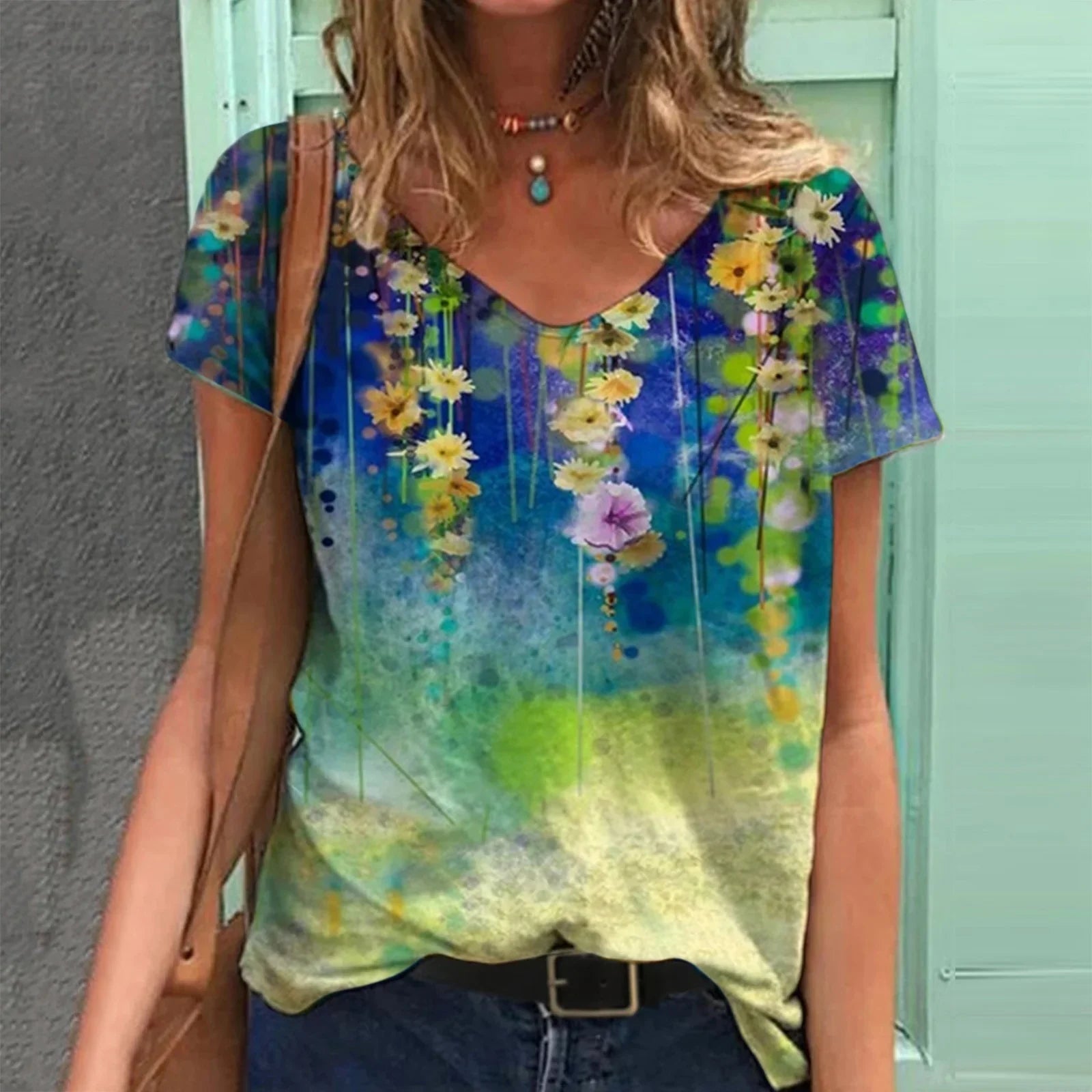 Grafik T-Shirts Frauen Sommer 3D Blume Print V-ausschnitt Kurzarm T-shirts Beiläufige Lose Übergroße T-Shirt Y2K Top Plus Größe - tif-shop24.de