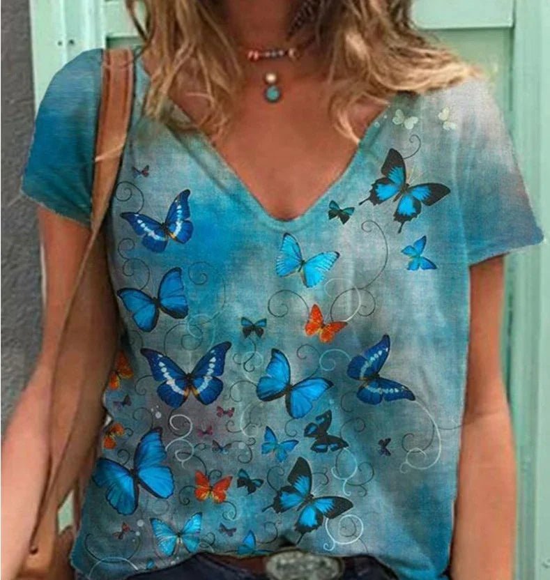 Grafik T-Shirts Frauen Sommer 3D Blume Print V-ausschnitt Kurzarm T-shirts Beiläufige Lose Übergroße T-Shirt Y2K Top Plus Größe | tif-shop24.de