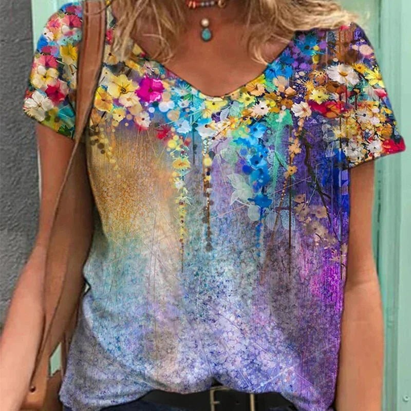 Grafik T-Shirts Frauen Sommer 3D Blume Print V-ausschnitt Kurzarm T-shirts Beiläufige Lose Übergroße T-Shirt Y2K Top Plus Größe - tif-shop24.de