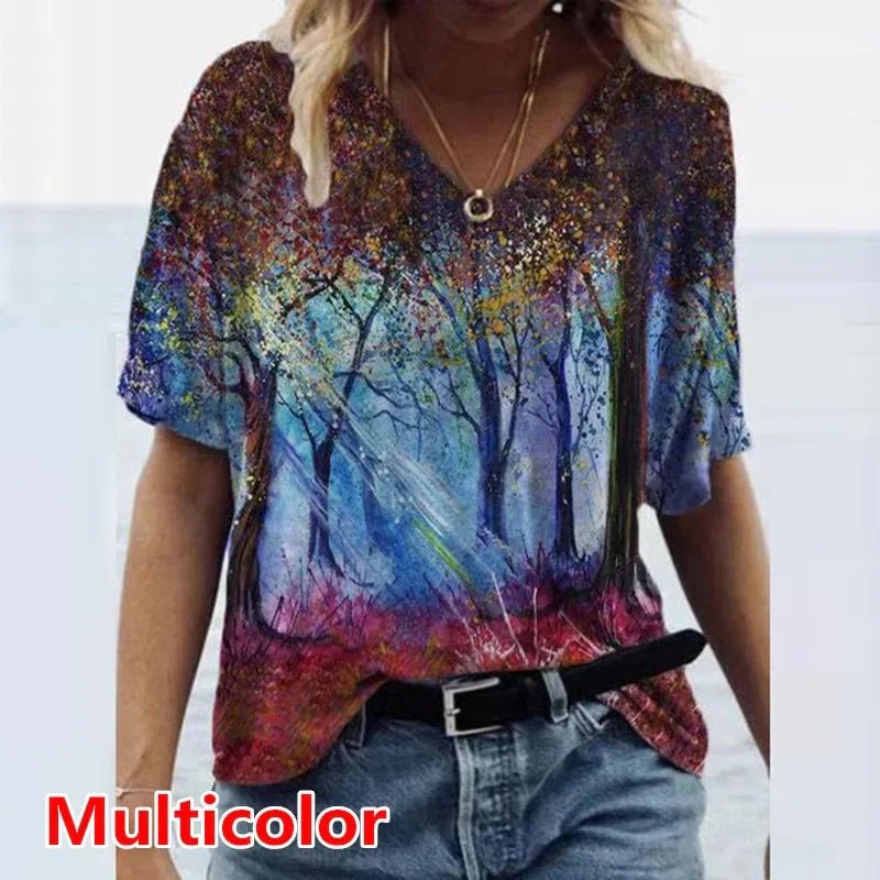 Grafik T-Shirts Frauen Sommer 3D Blume Print V-ausschnitt Kurzarm T-shirts Beiläufige Lose Übergroße T-Shirt Y2K Top Plus Größe - tif-shop24.de
