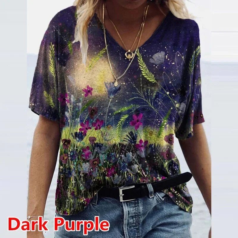 Grafik T-Shirts Frauen Sommer 3D Blume Print V-ausschnitt Kurzarm T-shirts Beiläufige Lose Übergroße T-Shirt Y2K Top Plus Größe | tif-shop24.de