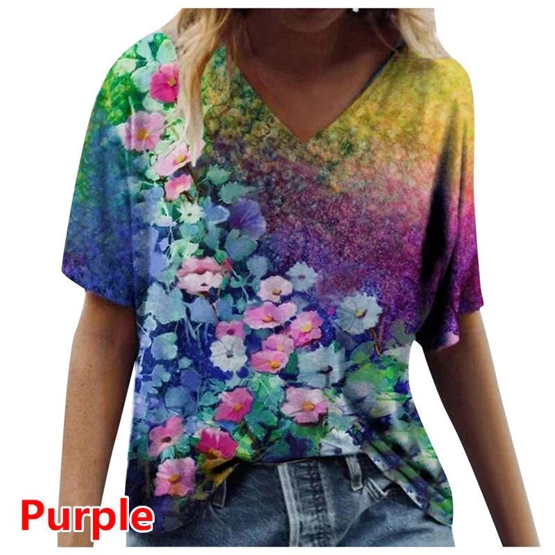 Grafik T-Shirts Frauen Sommer 3D Blume Print V-ausschnitt Kurzarm T-shirts Beiläufige Lose Übergroße T-Shirt Y2K Top Plus Größe | tif-shop24.de