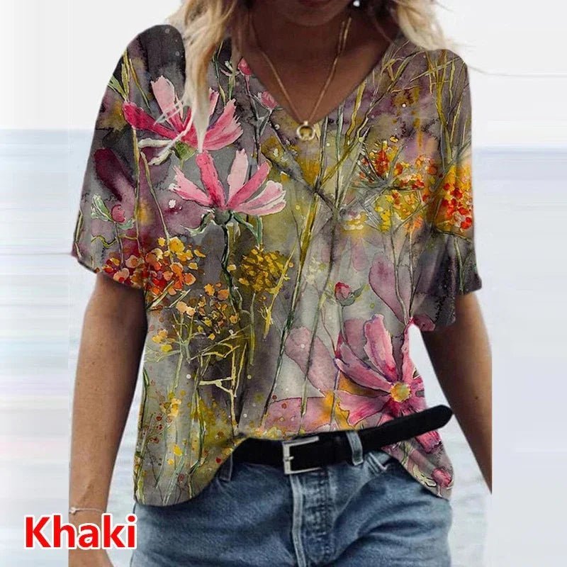 Grafik T-Shirts Frauen Sommer 3D Blume Print V-ausschnitt Kurzarm T-shirts Beiläufige Lose Übergroße T-Shirt Y2K Top Plus Größe | tif-shop24.de
