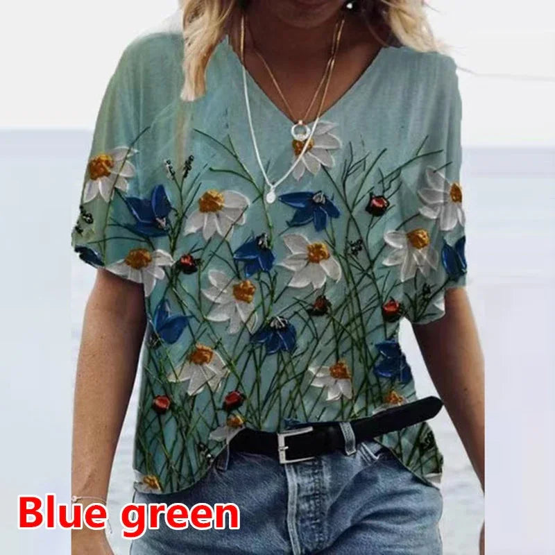 Grafik T-Shirts Frauen Sommer 3D Blume Print V-ausschnitt Kurzarm T-shirts Beiläufige Lose Übergroße T-Shirt Y2K Top Plus Größe | tif-shop24.de