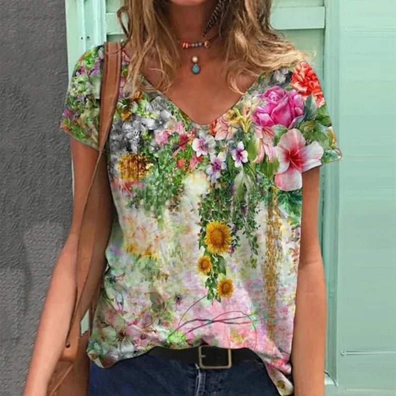 Grafik T-Shirts Frauen Sommer 3D Blume Print V-ausschnitt Kurzarm T-shirts Beiläufige Lose Übergroße T-Shirt Y2K Top Plus Größe - tif-shop24.de