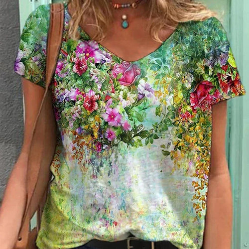 Grafik T-Shirts Frauen Sommer 3D Blume Print V-ausschnitt Kurzarm T-shirts Beiläufige Lose Übergroße T-Shirt Y2K Top Plus Größe - tif-shop24.de