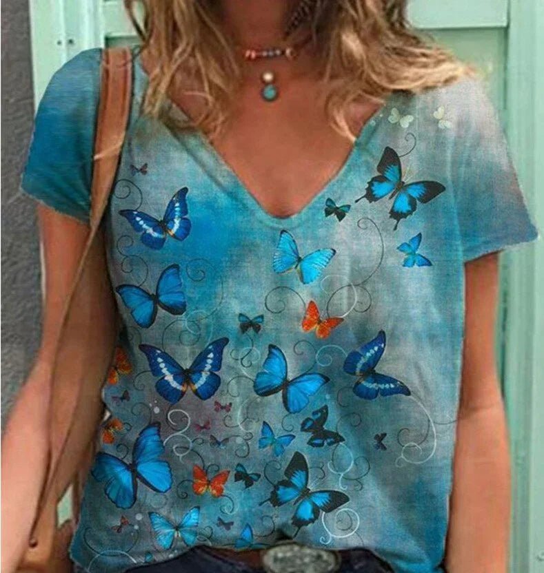 Grafik T-Shirts Frauen Sommer 3D Blume Print V-ausschnitt Kurzarm T-shirts Beiläufige Lose Übergroße T-Shirt Y2K Top Plus Größe | tif-shop24.de