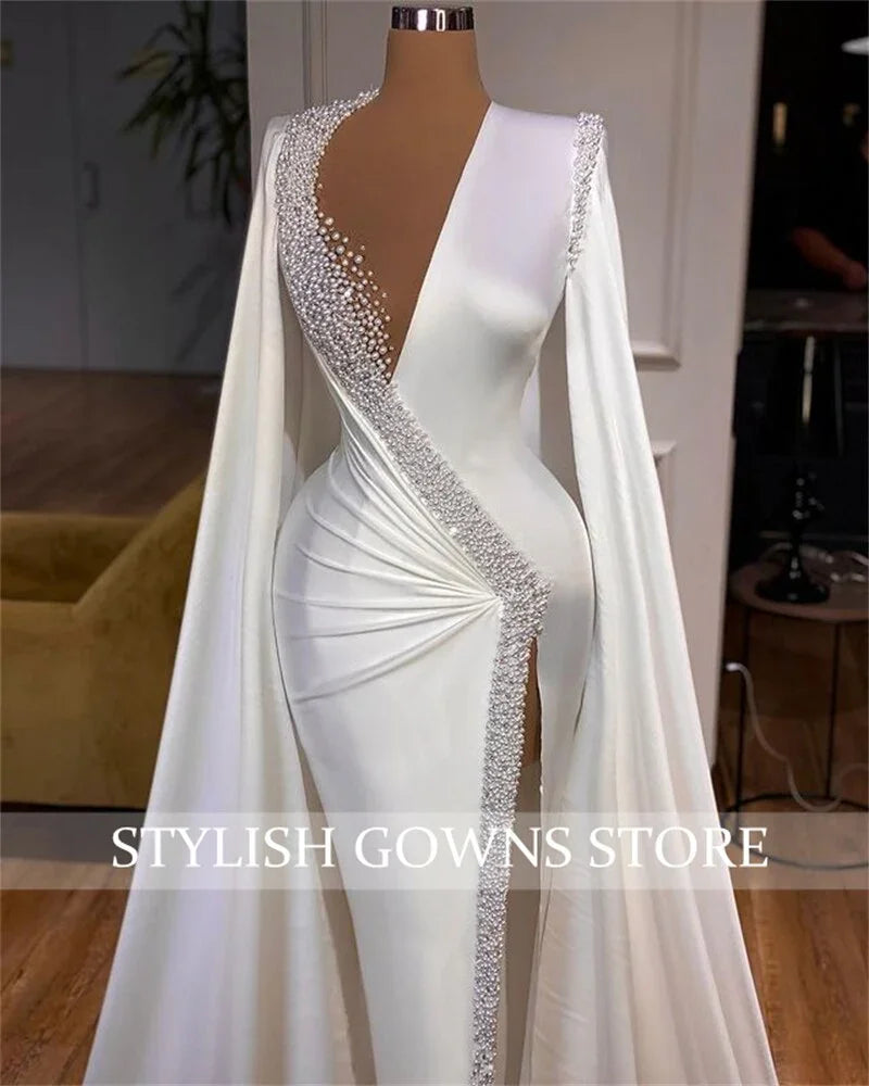 Luxury Deep V Neck Evening Dresses With Long Sleeves Beaded Pearls Wedding Dress High Slit Birthday Party Gown | tif-shop24.de