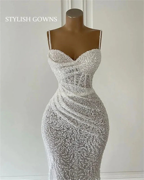 Luxury New Sweetheart Wedding Dress Sparkly Beaded Evening Dresses Pleats Bridal Gown Mermaid Formal Gowns High Slit Robe | tif-shop24.de