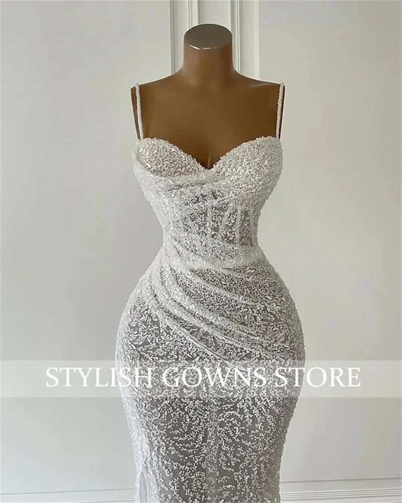 Luxury New Sweetheart Wedding Dress Sparkly Beaded Evening Dresses Pleats Bridal Gown Mermaid Formal Gowns High Slit Robe | tif-shop24.de