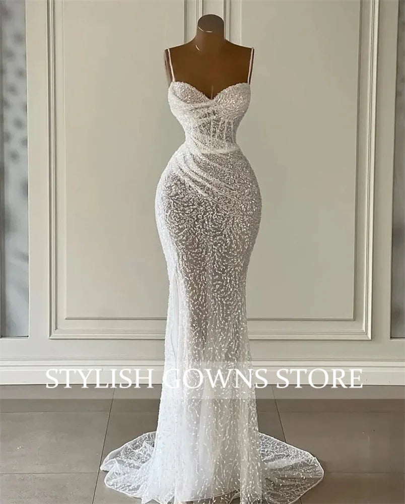 Luxury New Sweetheart Wedding Dress Sparkly Beaded Evening Dresses Pleats Bridal Gown Mermaid Formal Gowns High Slit Robe | tif-shop24.de