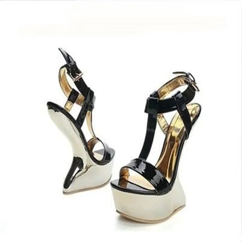 Seltsame Stil Metall Farbe Plattform Sandalen Sexy Huf Ferse Ankle Schnalle Offene spitze Schuhe Hohe Qualität - tif-shop24.de