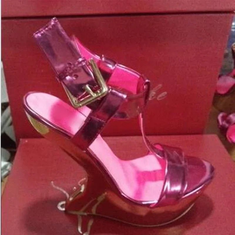 Seltsame Stil Metall Farbe Plattform Sandalen Sexy Huf Ferse Ankle Schnalle Offene spitze Schuhe Hohe Qualität | tif-shop24.de