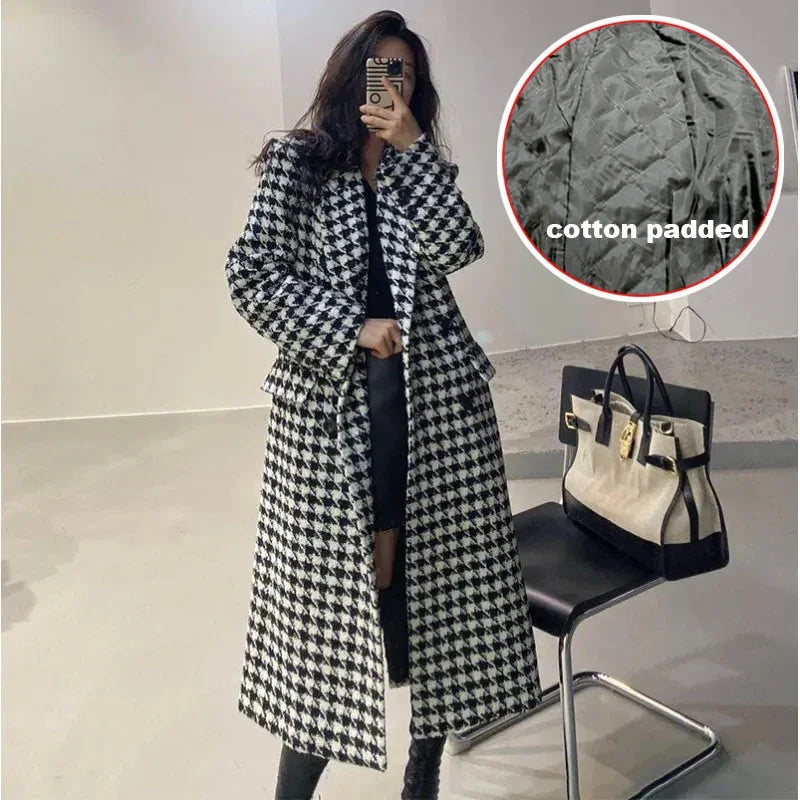 Vintage Houndstooth Mittellanger Wollmantel Elegant Lose Zweireihig Tweed Dicke Koreanische Oberbekleidung | tif-shop24.de