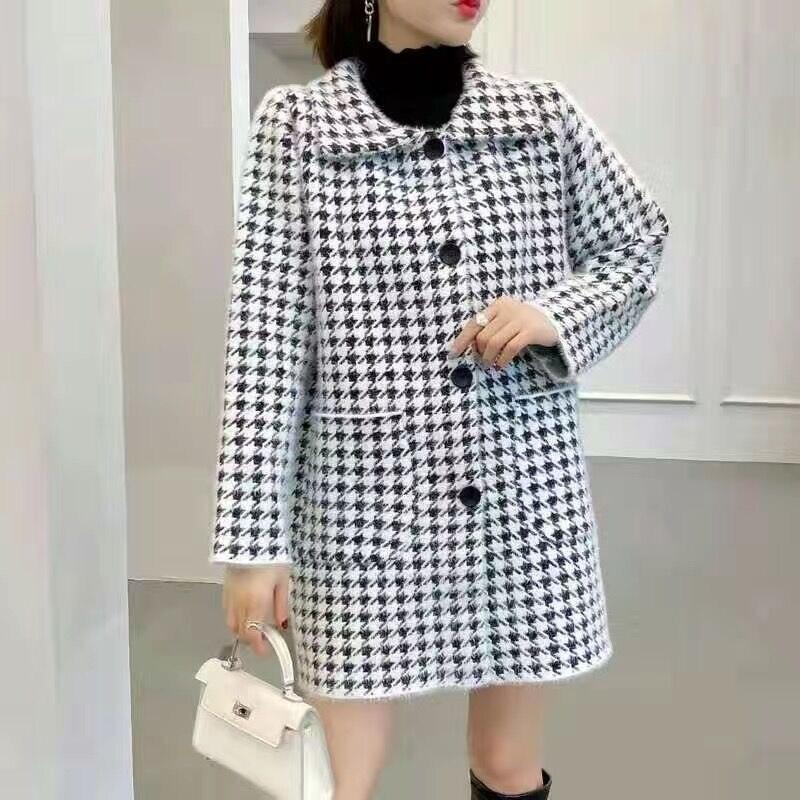 Nerzimitat Samtmantel Mittellanger Karierter Dicker lockere Mantel | tif-shop24.de