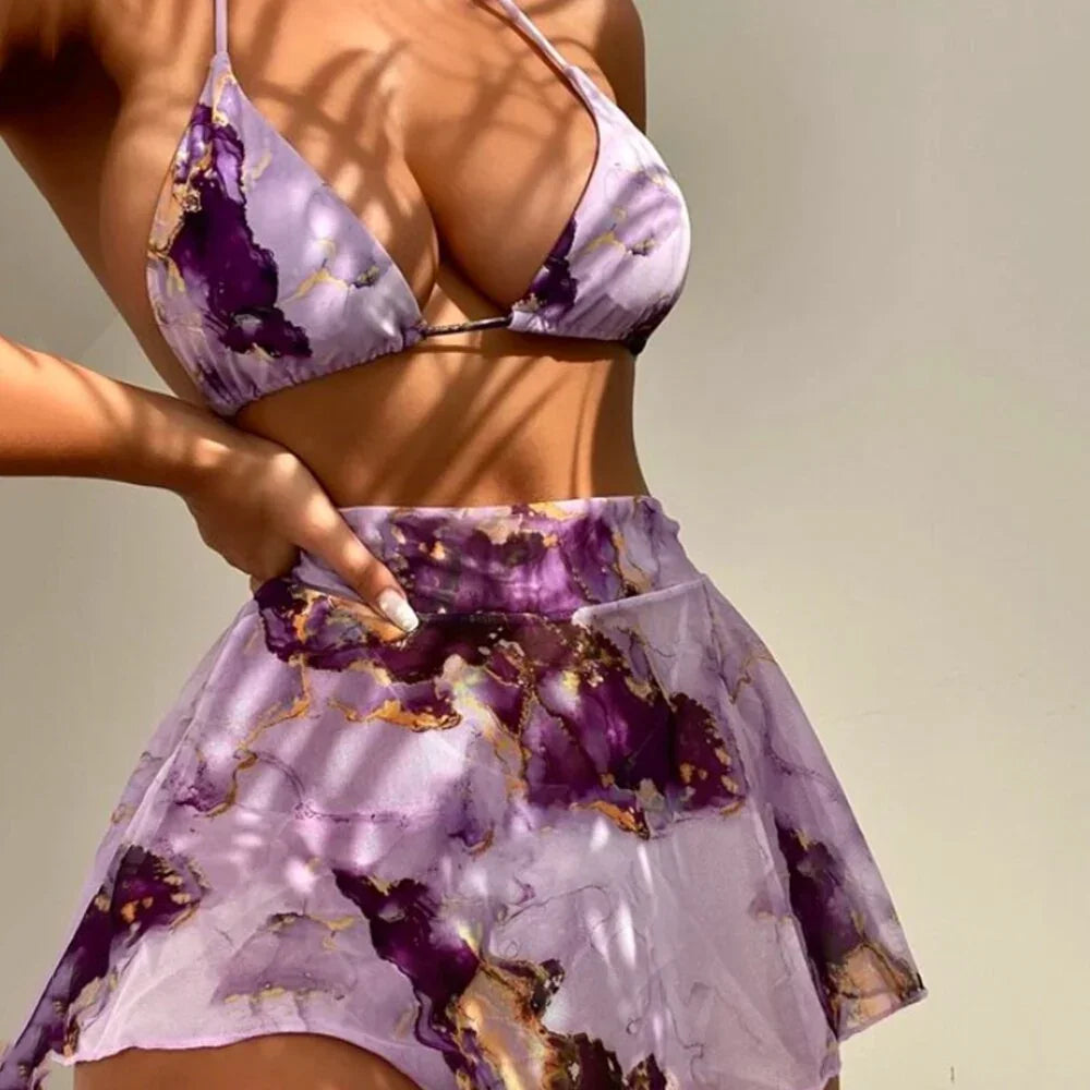 Sexy Drei teilig Bikini Set Kordelzug Marmor Druck | tif-shop24.de