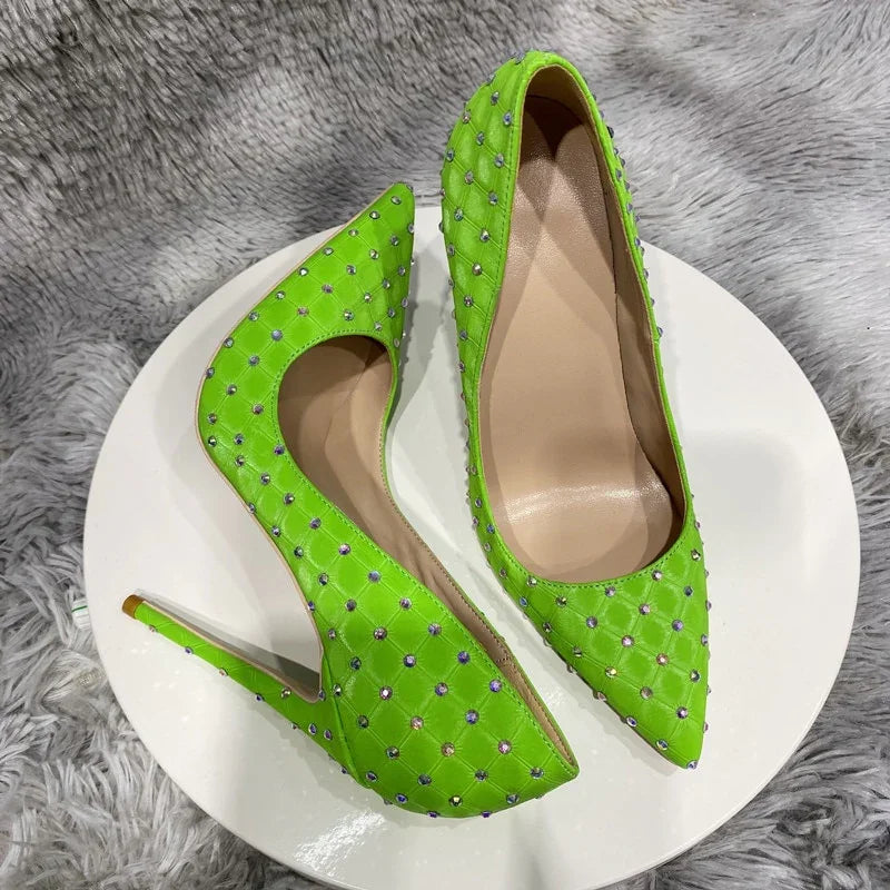 Tikicup Fluo Grün Plaid Muster Strass Dekor Frauen Stoff Spitze Zehen High Heel Schuhe Sexy Stiletto Pumps Komfortable - tif-shop24.de