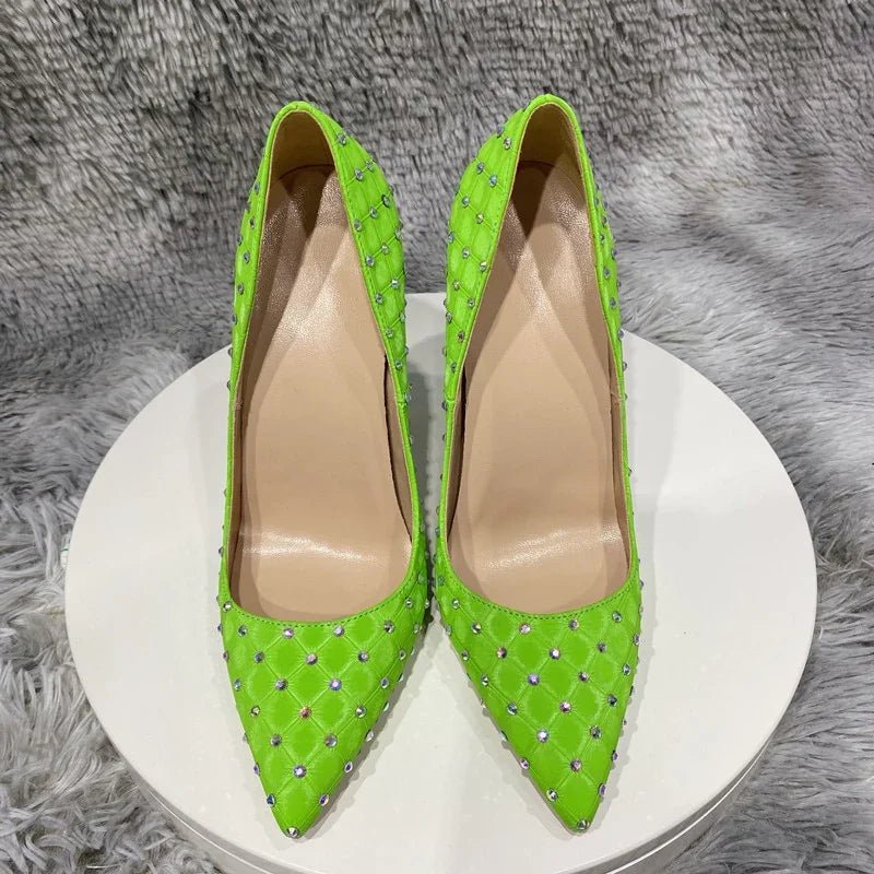 Tikicup Fluo Grün Plaid Muster Strass Dekor Frauen Stoff Spitze Zehen High Heel Schuhe Sexy Stiletto Pumps Komfortable | tif-shop24.de