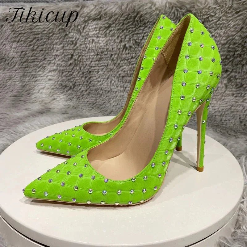 Tikicup Fluo Grün Plaid Muster Strass Dekor Frauen Stoff Spitze Zehen High Heel Schuhe Sexy Stiletto Pumps Komfortable | tif-shop24.de