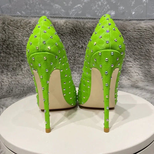 Tikicup Fluo Grün Plaid Muster Strass Dekor Frauen Stoff Spitze Zehen High Heel Schuhe Sexy Stiletto Pumps Komfortable | tif-shop24.de