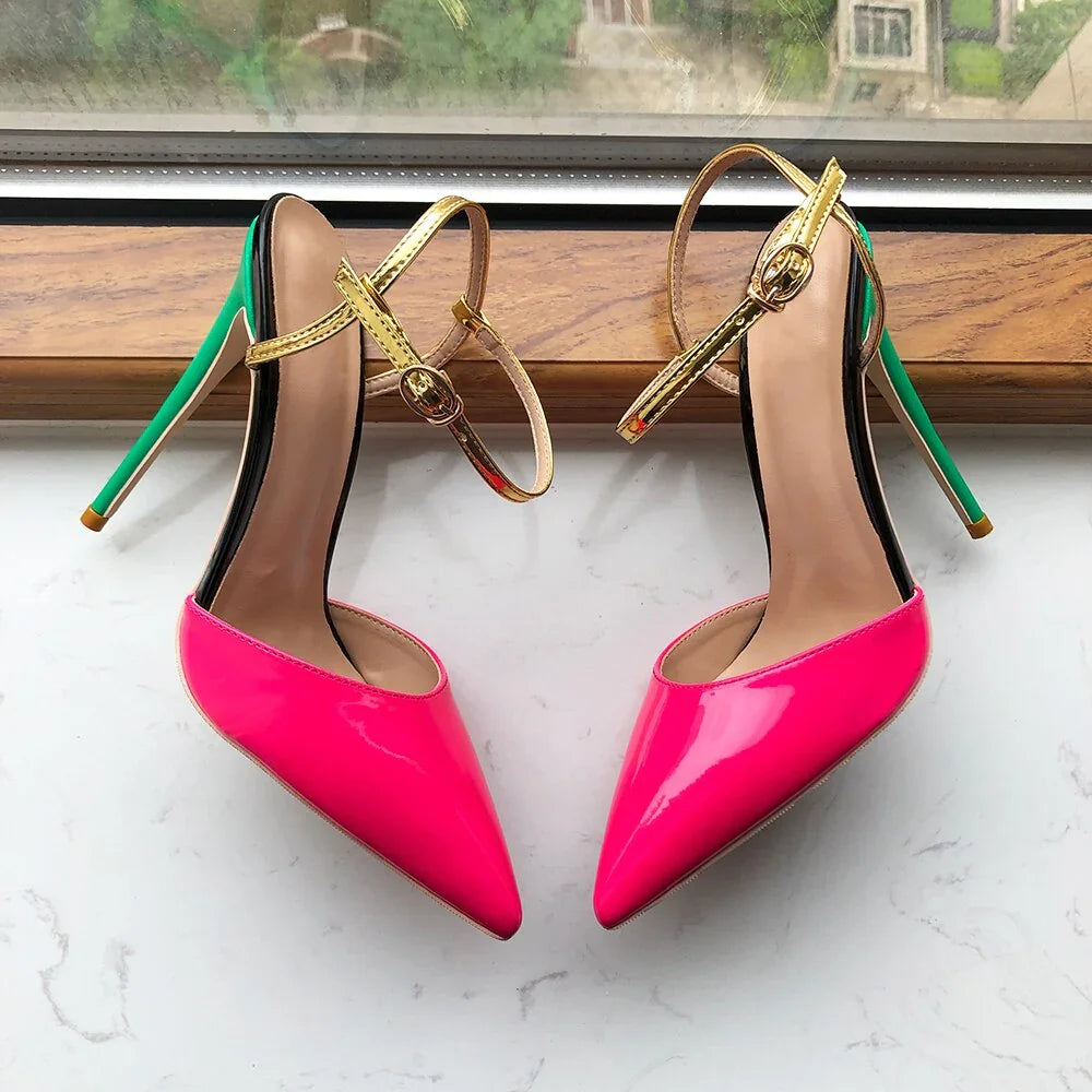 Tikicup Fusion Rose Rosa Frauen Spitze Zehen Backless Hohe Ferse Schuhe Sommer Ankle Strap Sexy Stiletto Pumps 8cm 10cm 12cm - tif-shop24.de