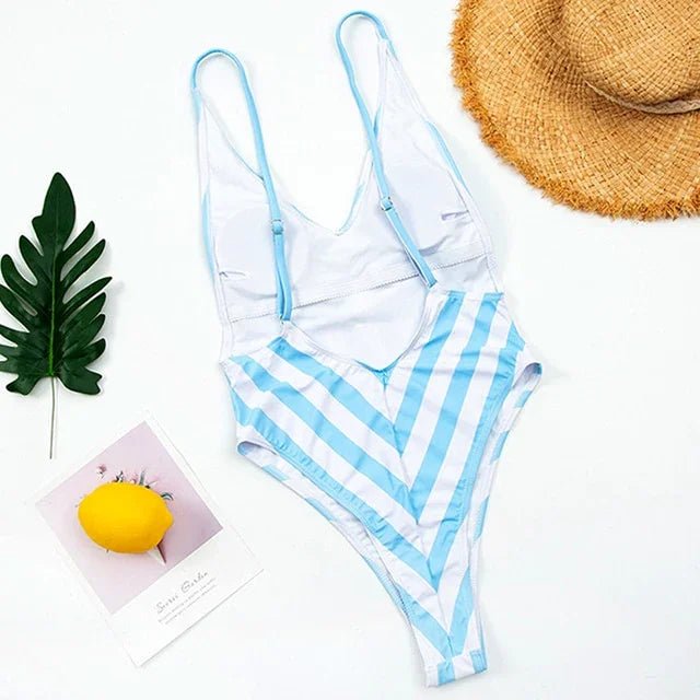 Neue Sexy Backless Striped Bademode One Piece Badeanzug V Neck Swim Bodysuit | tif-shop24.de