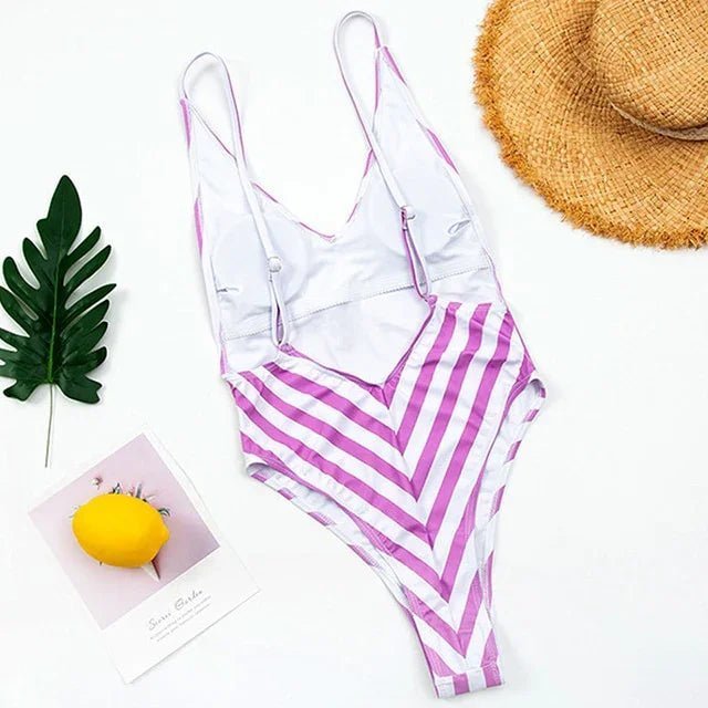 Neue Sexy Backless Striped Bademode One Piece Badeanzug V Neck Swim Bodysuit - tif-shop24.de