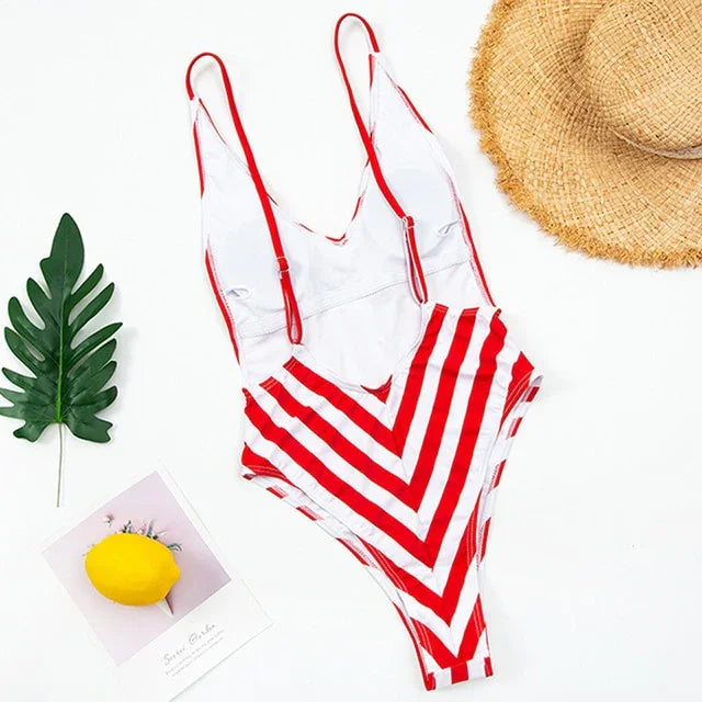 Neue Sexy Backless Striped Bademode One Piece Badeanzug V Neck Swim Bodysuit - tif-shop24.de