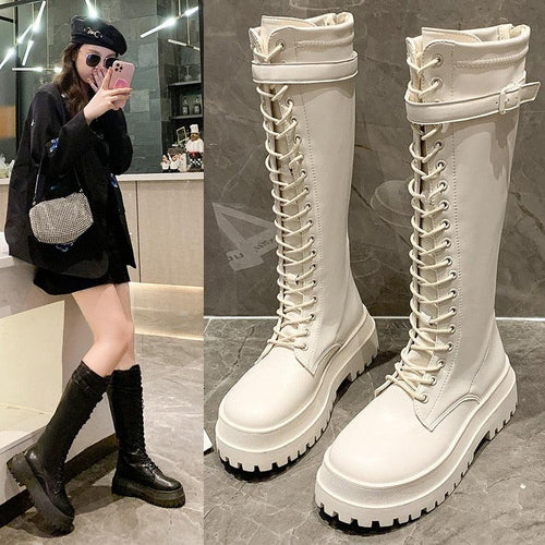 Mode Frauen Cross Strap Pu Leder Stiefel Herbst Winter Kniehohe Damen Dicke Sohle Plattform Ytmtloy Botines De Mujer Sexy - tif-shop24.de