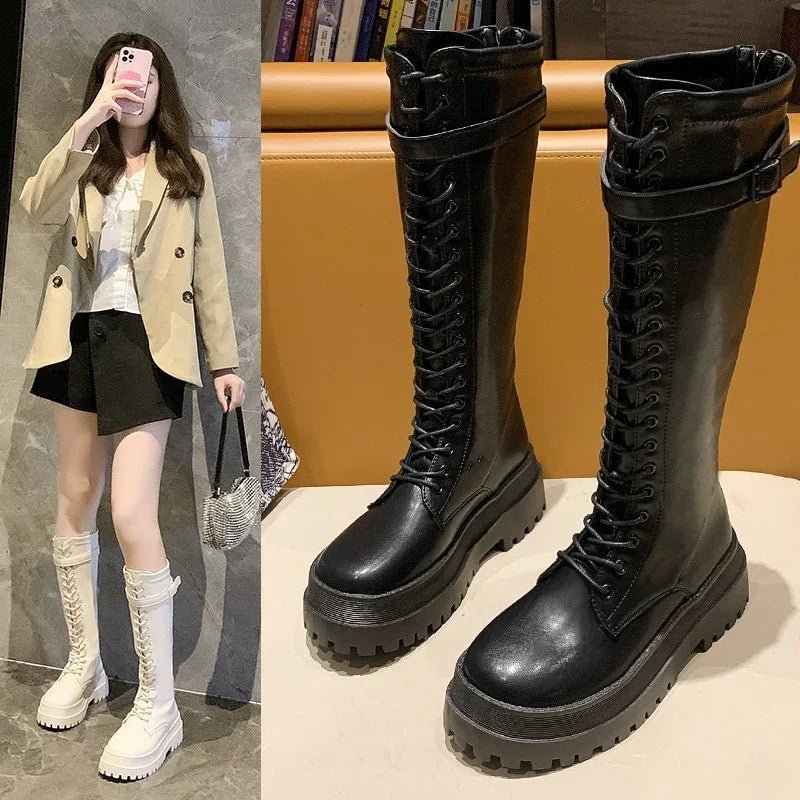 Mode Frauen Cross Strap Pu Leder Stiefel Herbst Winter Kniehohe Damen Dicke Sohle Plattform Ytmtloy Botines De Mujer Sexy | tif-shop24.de