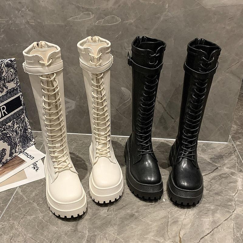 Mode Frauen Cross Strap Pu Leder Stiefel Herbst Winter Kniehohe Damen Dicke Sohle Plattform Ytmtloy Botines De Mujer Sexy | tif-shop24.de