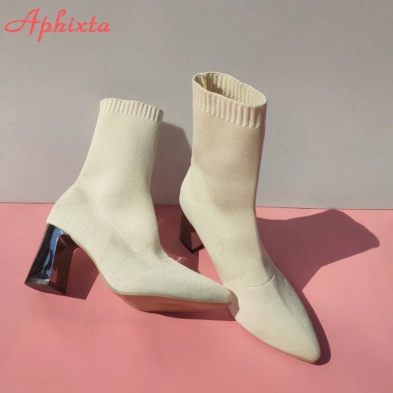 Aphixta 7cm Metall Platz Heels Socken Stiefel Frauen Beige Casual Stretch Stoff Elastische Spitz Atmungsaktive Schuhe | tif-shop24.de