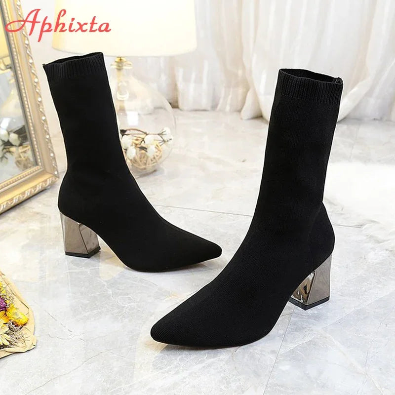 Aphixta 7cm Metall Platz Heels Socken Stiefel Frauen Beige Casual Stretch Stoff Elastische Spitz Atmungsaktive Schuhe | tif-shop24.de