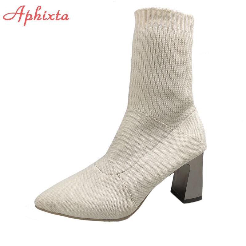 Aphixta 7cm Metall Platz Heels Socken Stiefel Frauen Beige Casual Stretch Stoff Elastische Spitz Atmungsaktive Schuhe - tif-shop24.de