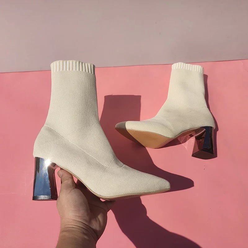 Aphixta 7cm Metall Platz Heels Socken Stiefel Frauen Beige Casual Stretch Stoff Elastische Spitz Atmungsaktive Schuhe | tif-shop24.de