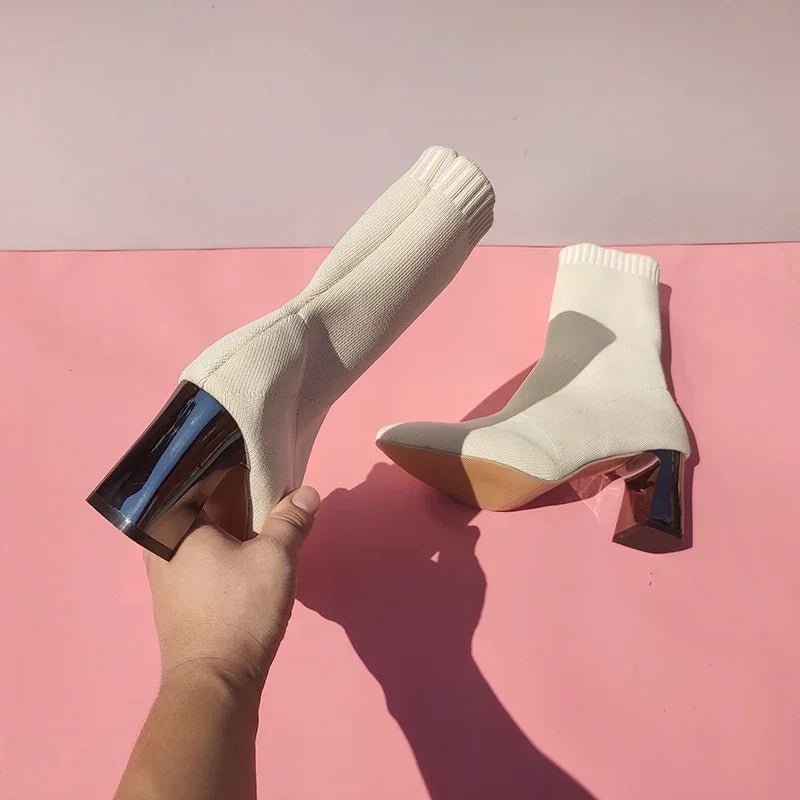 Aphixta 7cm Metall Platz Heels Socken Stiefel Frauen Beige Casual Stretch Stoff Elastische Spitz Atmungsaktive Schuhe | tif-shop24.de