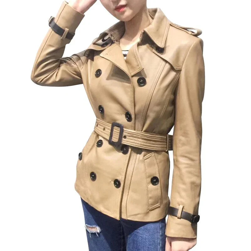 Frühjahr Echtem Leder Jacke Frauen Klassische Elegante Schaffell Leder Jacke Gürtel Kurze | tif-shop24.de