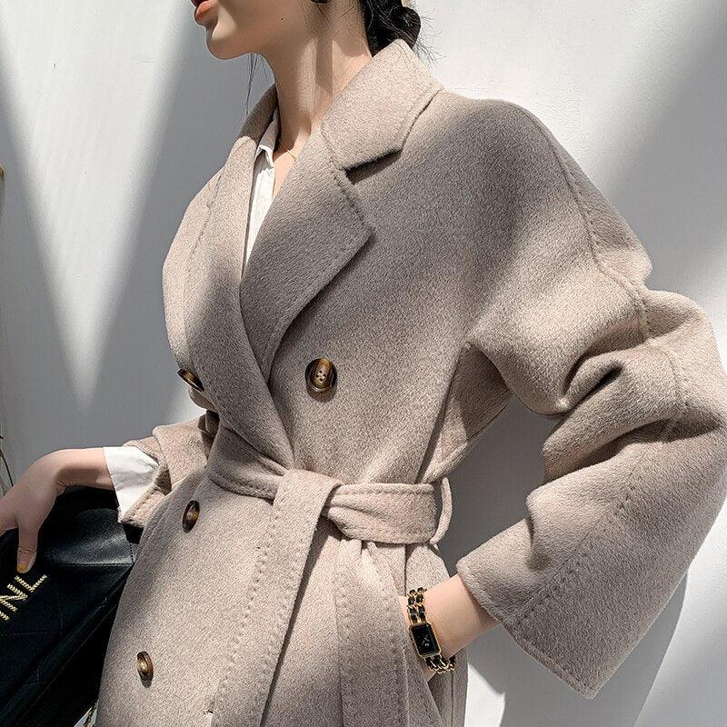Wollmantel Herbst Winter Hochwertiger zweireihiger doppelseitiger Gürtel Langer einfarbiger Mantel | tif-shop24.de
