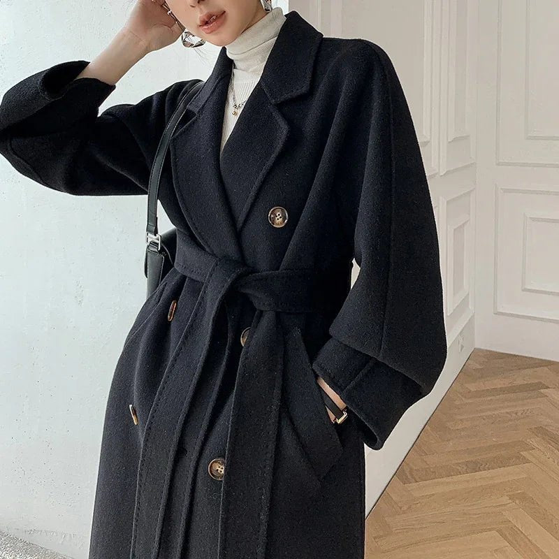 Wollmantel Herbst Winter Hochwertiger zweireihiger doppelseitiger Gürtel Langer einfarbiger Mantel | tif-shop24.de