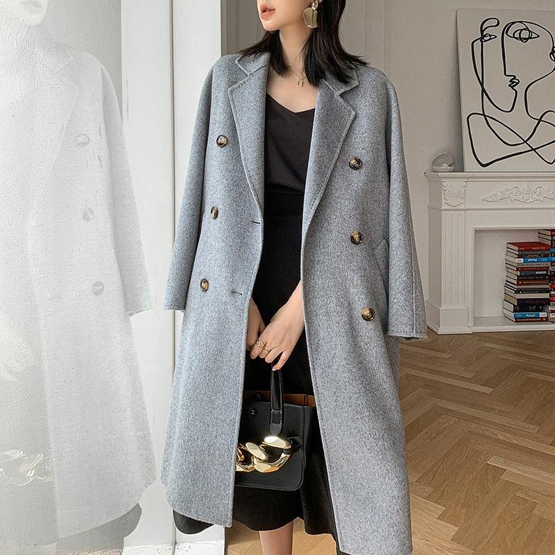 Wollmantel Herbst Winter Hochwertiger zweireihiger doppelseitiger Gürtel Langer einfarbiger Mantel | tif-shop24.de